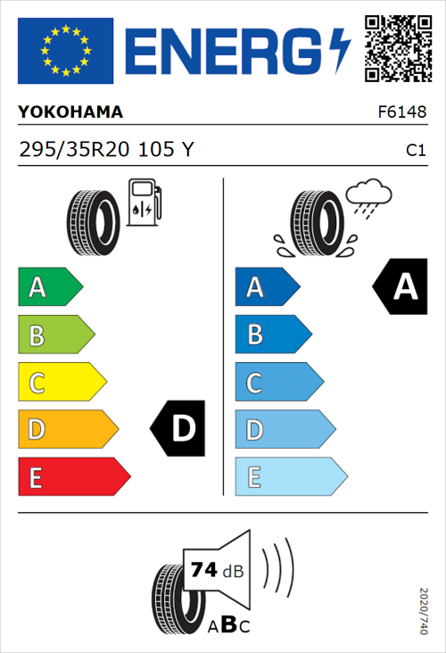 Tyre Label for Yokohama V105 295/35R20 105Y