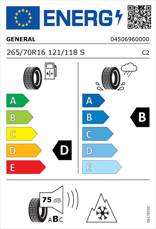 Tyre Label for General Grabber AT 3 265/70R16 121/118S
