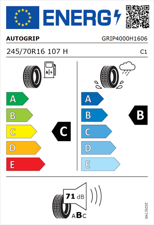 Tyre Label for Autogrip Grip 4000 245/70R16 107H